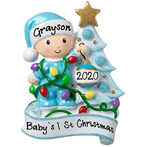 Personalized Baby Decorating Christmas Lights Ornament (Blue)