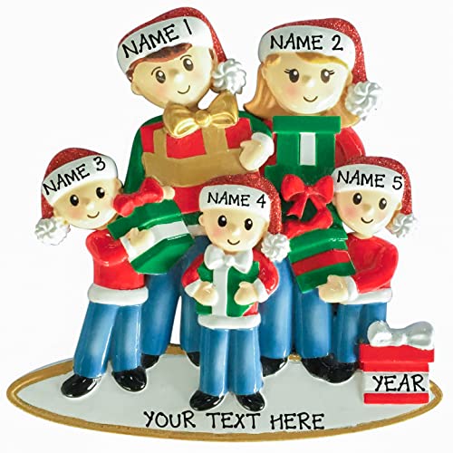 Personalized Happy Family of 5 Opening Gift Box Christmas Tree Ornament