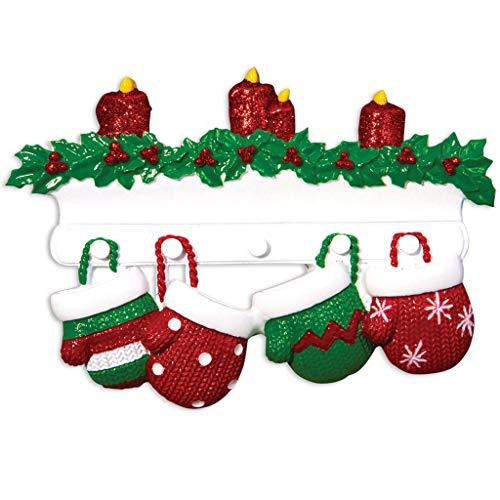 Personalized Red Green Mitten Family of 4 Ornament