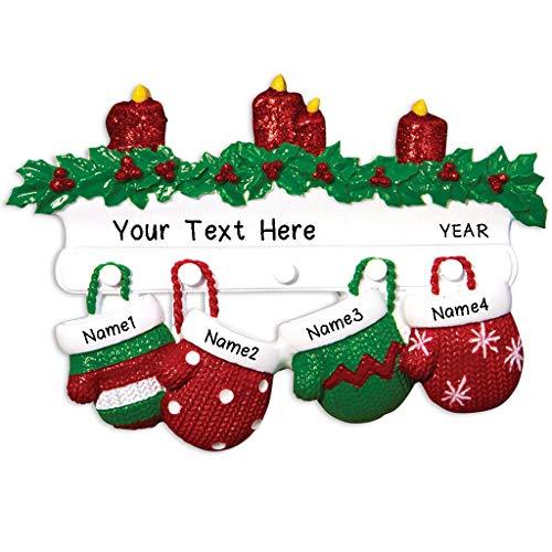 Personalized Red Green Mitten Family of 4 Ornament