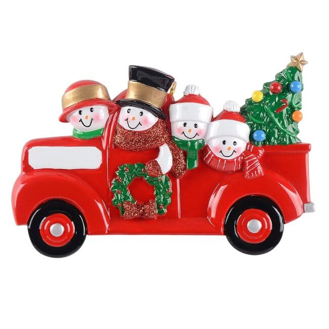 Personalized Snowman in Red Pickup Truck Ornament (Family of 4)