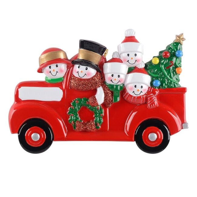 Personalized Snowman in Red Pickup Truck Ornament (Family of 5)