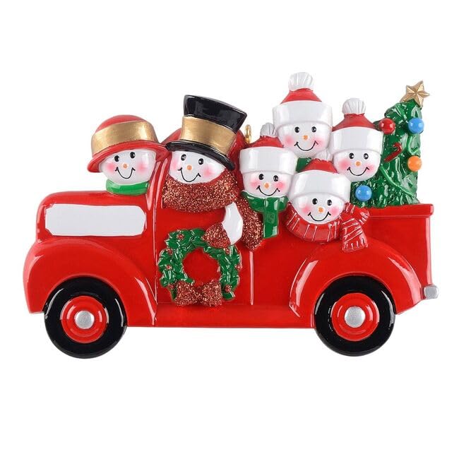 Personalized Snowman in Red Pickup Truck Ornament (Family of 6)