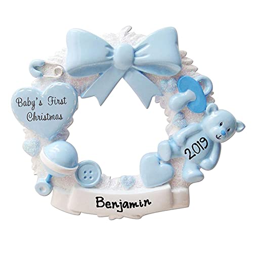 Personalized Wreath Baby`s First Christmas (Blue)