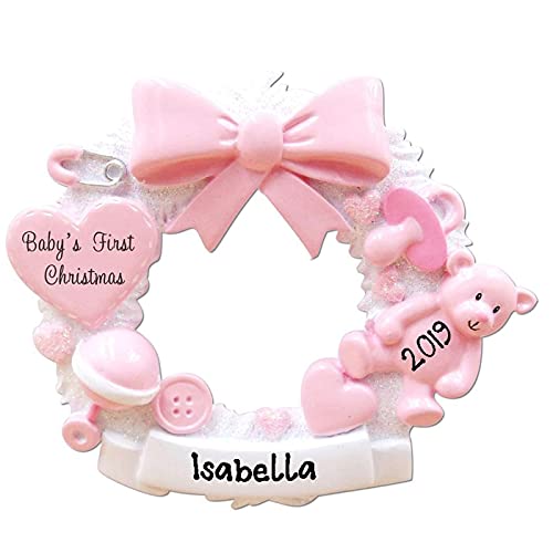 Personalized Wreath Baby`s First Christmas (Pink)