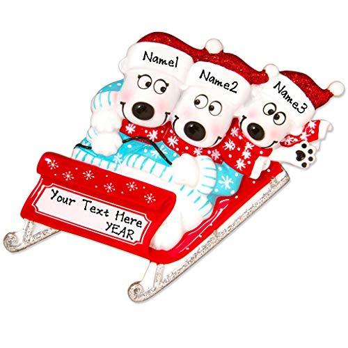Polar Bears on Sled Sleigh Family Personalized Ornament (Family of 3)