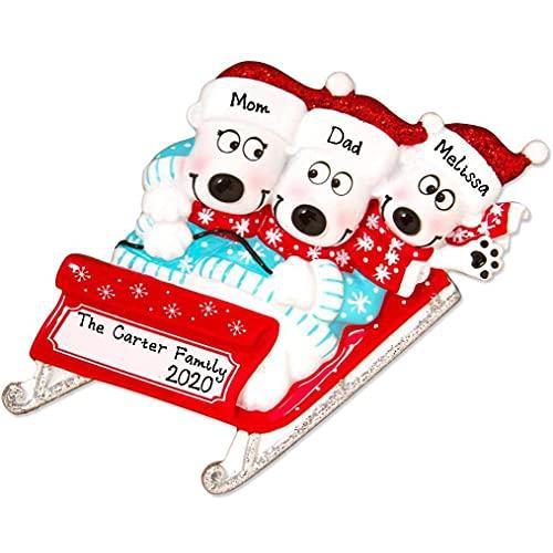 Polar Bears on Sled Sleigh Family Personalized Ornament (Family of 3)
