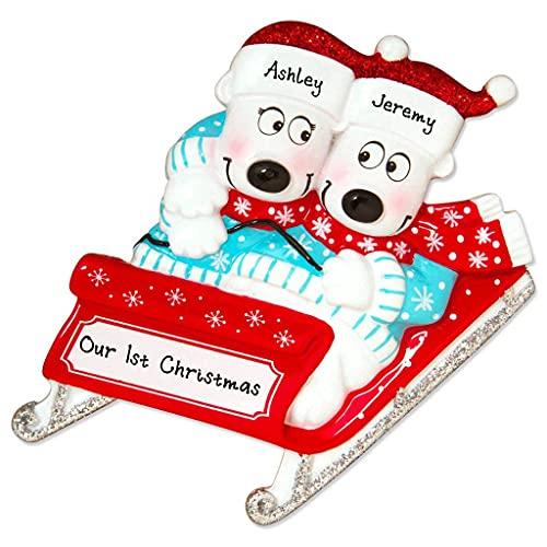 Polar Bears on Sled Sleigh Personalized Ornament (Family of 2)