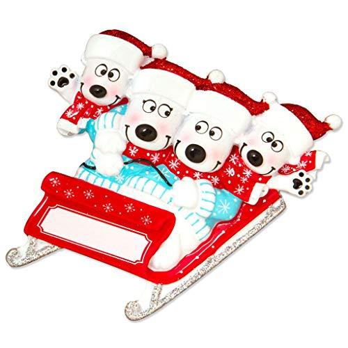 Polar Bears on Sled Sleigh Personalized Ornament (Family of 4)