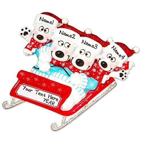 Polar Bears on Sled Sleigh Personalized Ornament (Family of 4)