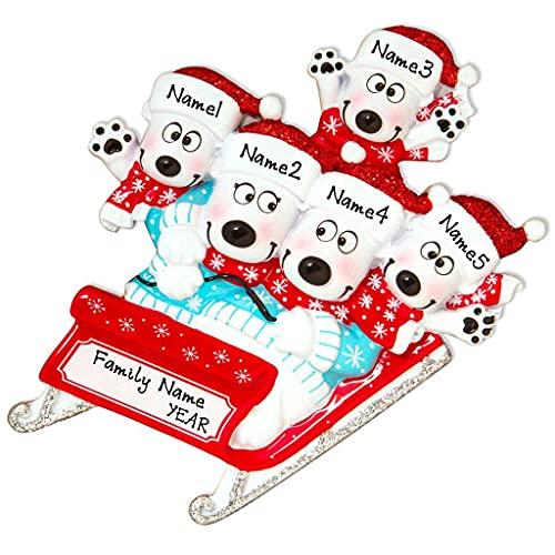 Polar Bears on Sled Sleigh Personalized Ornament (Family of 5)