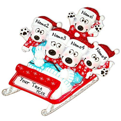Polar Bears on Sled Sleigh Personalized Ornament (Family of 5)