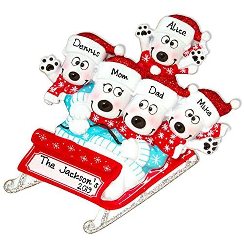 Polar Bears on Sled Sleigh Personalized Ornament (Family of 5)