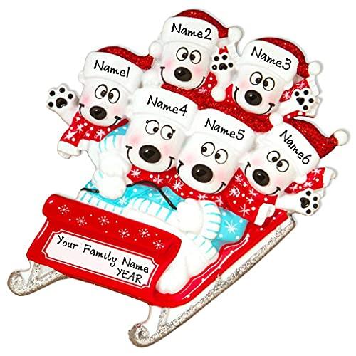Polar Bears on Sled Sleigh Personalized Ornament (Family of 6)