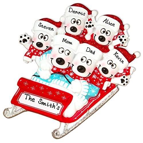 Polar Bears on Sled Sleigh Personalized Ornament (Family of 6)