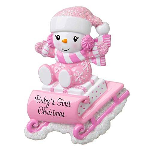 Snow Baby on Sled Personalized Ornament (Pink)