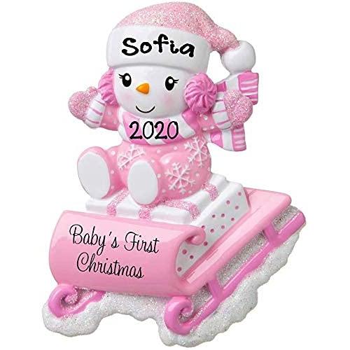 Snow Baby on Sled Personalized Ornament (Pink)