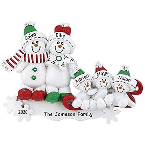 Snowman Sled Personalized Ornament (Family of 5)