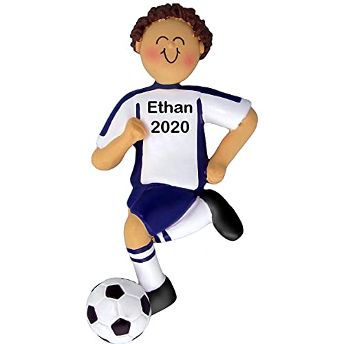 Soccer Boy Personalized Ornament (Blue Male Brunette)