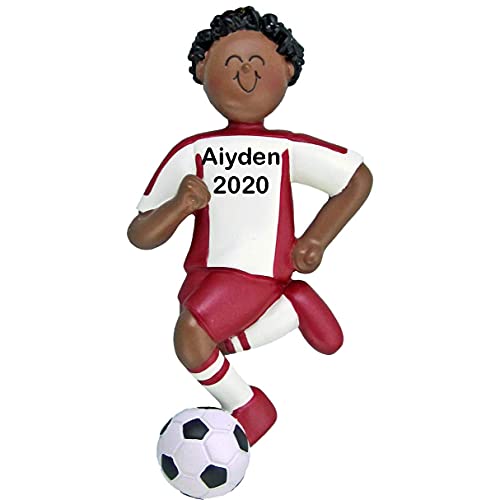Soccer Boy Personalized Ornament (Red Male African American)