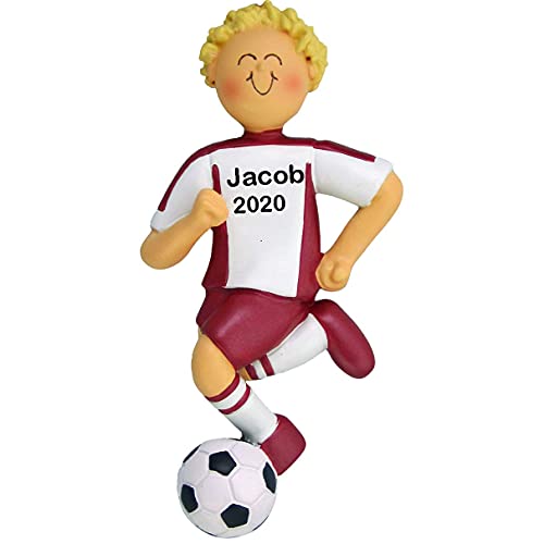 Soccer Boy Personalized Ornament (Red Male Blonde)