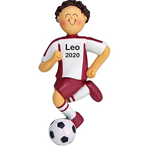 Soccer Boy Personalized Ornament (Red Male Brunette)