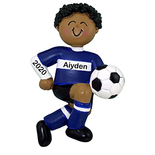 Soccer Child Personalized Ornament (Blue Uniform African American Boy)