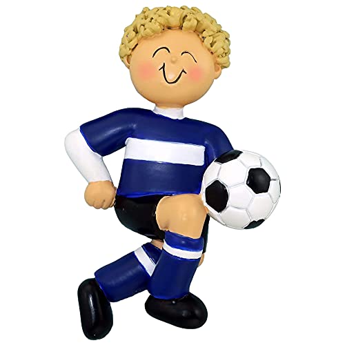 Soccer Child Personalized Ornament (Blue Uniform Blonde Boy)