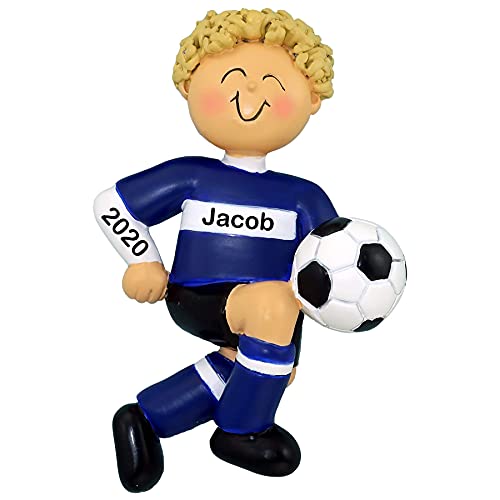 Soccer Child Personalized Ornament (Blue Uniform Blonde Boy)