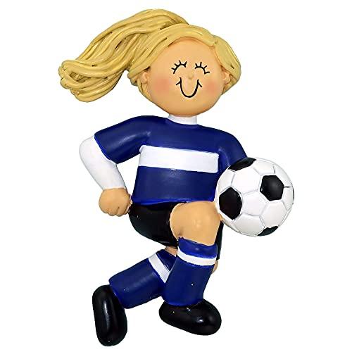 Soccer Child Personalized Ornament (Blue Uniform Blonde Girl)