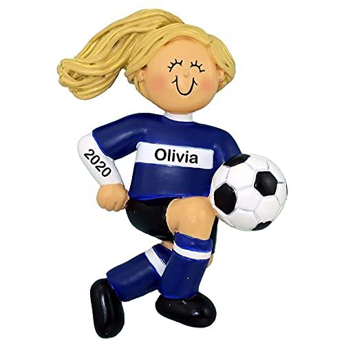 Soccer Child Personalized Ornament (Blue Uniform Blonde Girl)