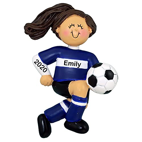 Soccer Child Personalized Ornament (Blue Uniform Brunette Girl)