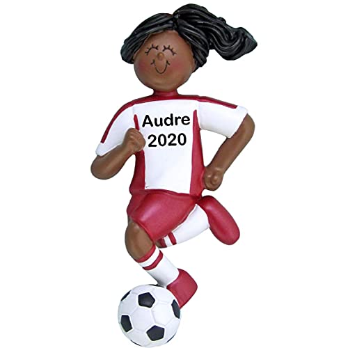 Soccer Girl Personalized Ornament (Red Female African American)