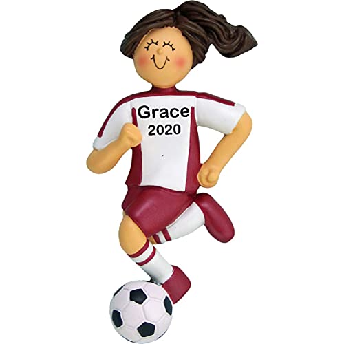 Soccer Girl Personalized Ornament (Red Female Brunette)