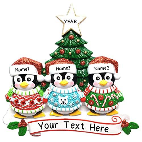 Ugly Christmas Sweater Penguin Family Personalized Ornament (Family of 3) Default Title