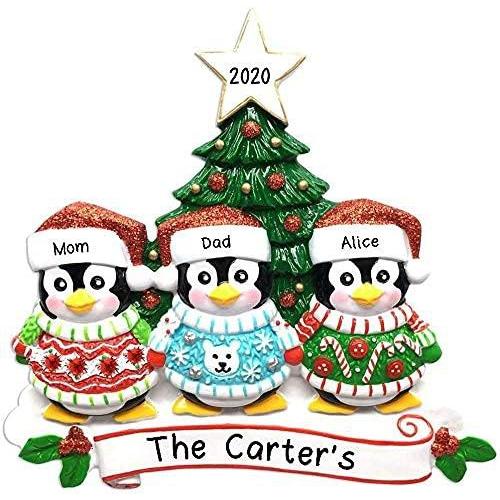Ugly Christmas Sweater Penguin Family Personalized Ornament (Family of 3)