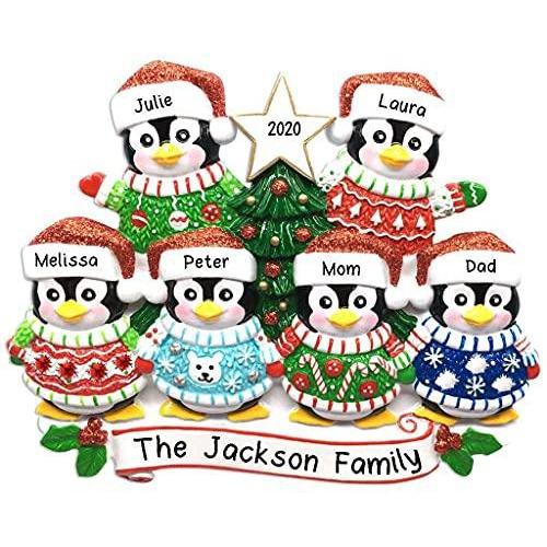 Ugly Christmas Sweater Penguin Family Personalized Ornament (Family of 6)