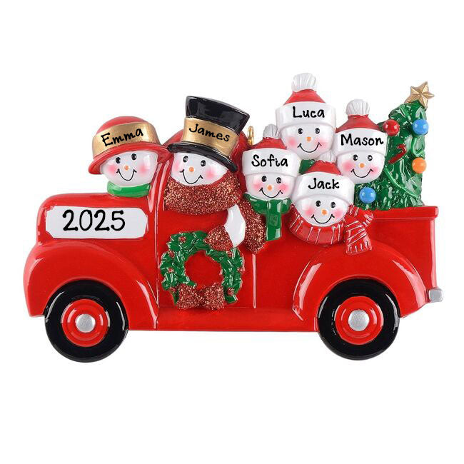 Personalized Snowman in Red Pickup Truck Ornament (Family of 6)