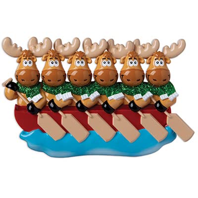 Moose Family of 6 on Canoe Personalized Christmas Tree Hanging Ornament
