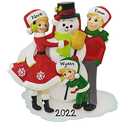 Snowman Building Family of 3 Personalized Christmas Ornament