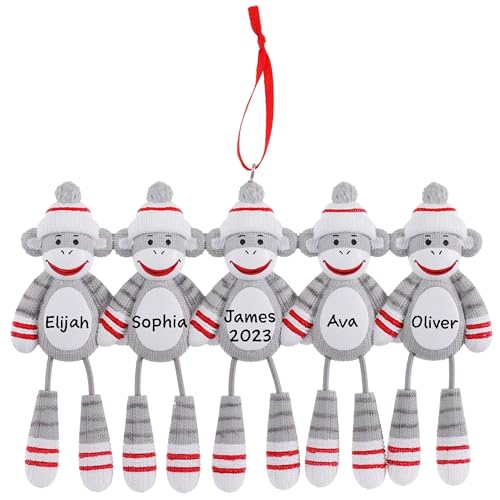 Personalized Sock Monkey Family Ornament - Present Gift (Family of 5)