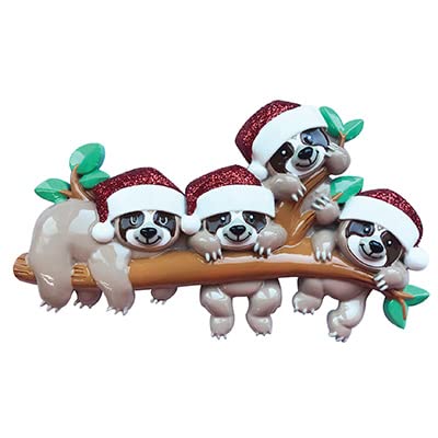 Personalized Sloth Family of 4 Christmas Ornament
