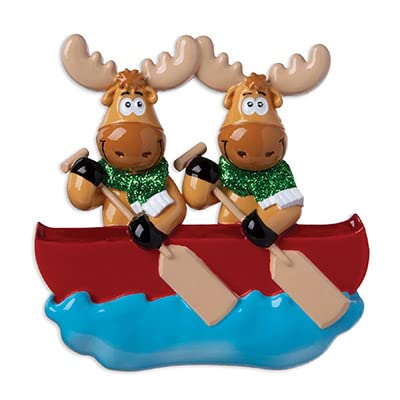 Moose Family of 2 Couple on Canoe Personalized Christmas Tree Hanging Ornament