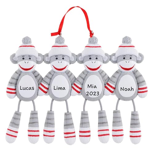 Personalized Sock Monkey Family Ornament - Present Gift (Family of 4)