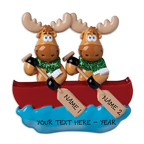 Moose Family of 2 Couple on Canoe Personalized Christmas Tree Hanging Ornament