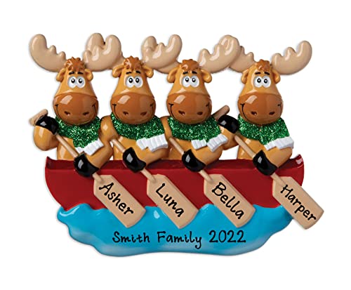 Moose Family of 4 on Canoe Personalized Christmas Tree Hanging Ornament