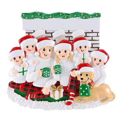 Family Sitting in Front of Fireplace Personalized Christmas Ornament (Family of 6)