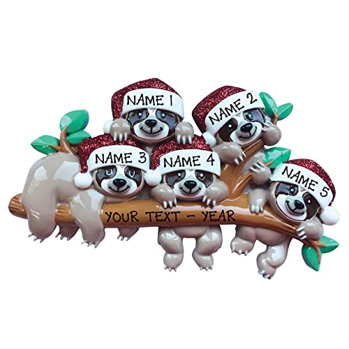 Personalized Sloth Family of 5 Christmas Ornament