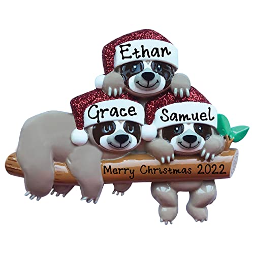 Personalized Sloth Family of 3 Christmas Ornament