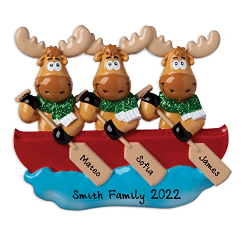 Moose Family of 3 on Canoe Personalized Christmas Tree Hanging Ornament